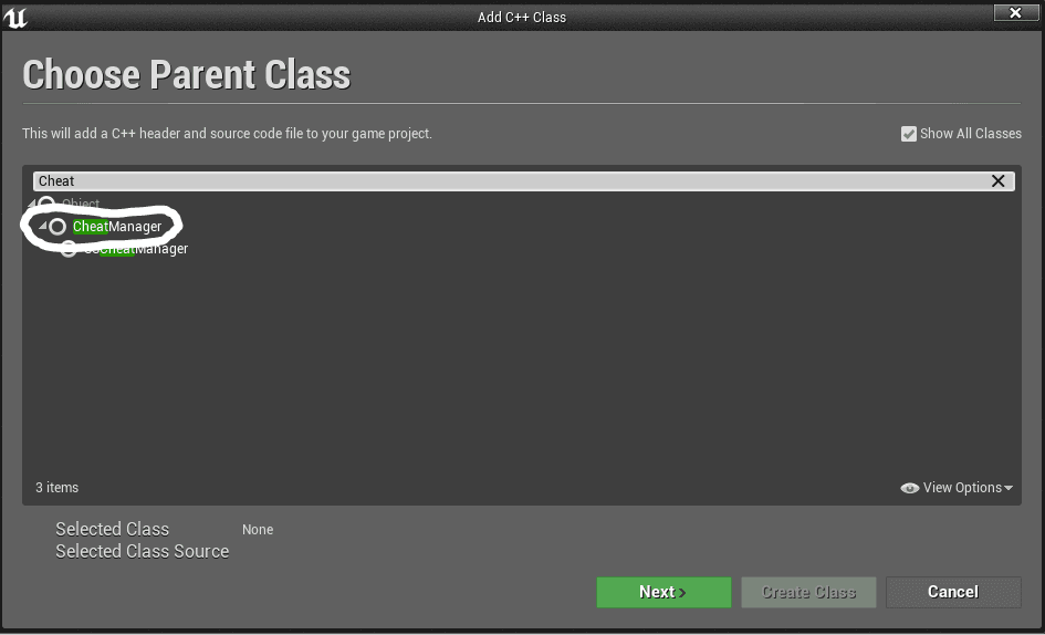 The Cheat Manager class in the Parent Class Picker