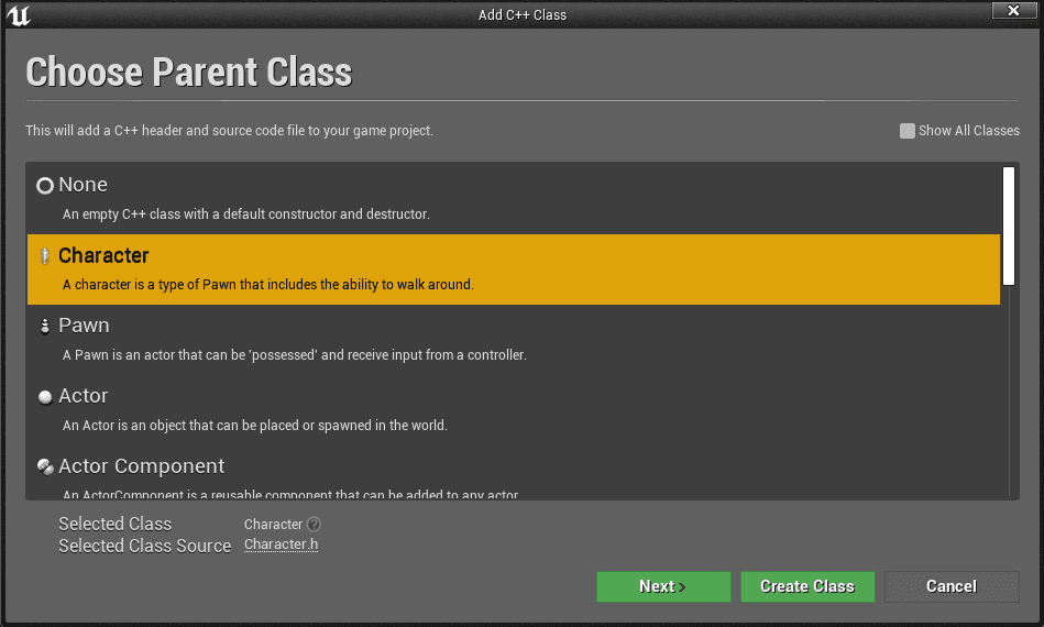 Add A Class selector - Selecting the Character class to derive from