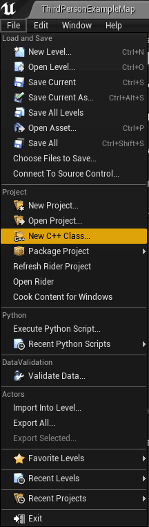 UE4 New C++ Class In File Menu