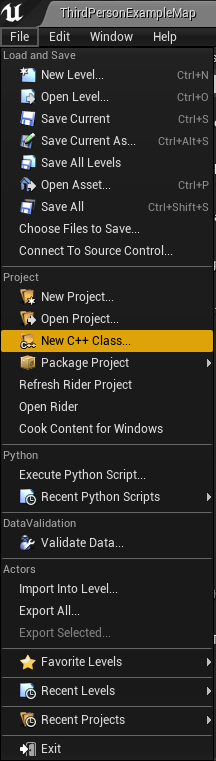 UE4 New C++ Class In File Menu