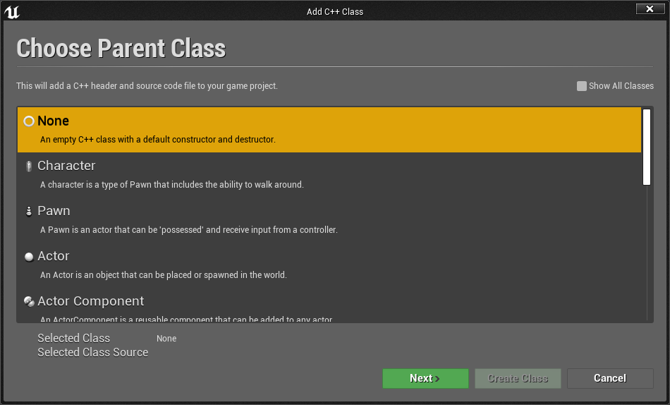UE4 New C++ Class Parent Selector